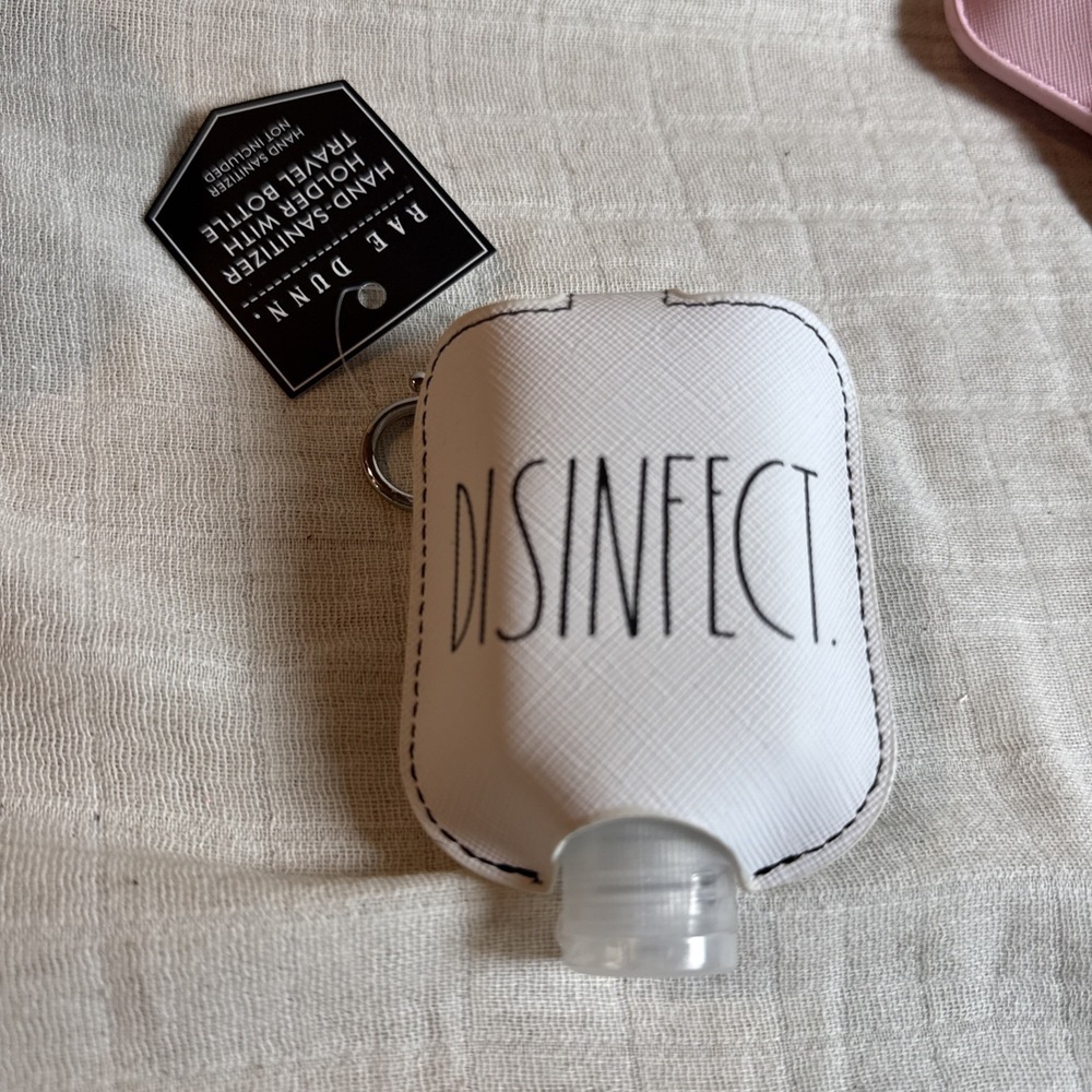 Rae Dunn DISINFECT Hand Sanitizer Travel Holder Bottle Key Chain Ring White LL